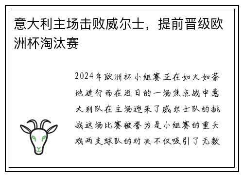 意大利主场击败威尔士，提前晋级欧洲杯淘汰赛